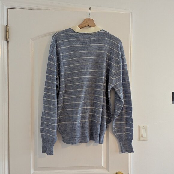 80s Large Baby Blue white striped long sleeved Henley shirt - Picture 4 of 4
